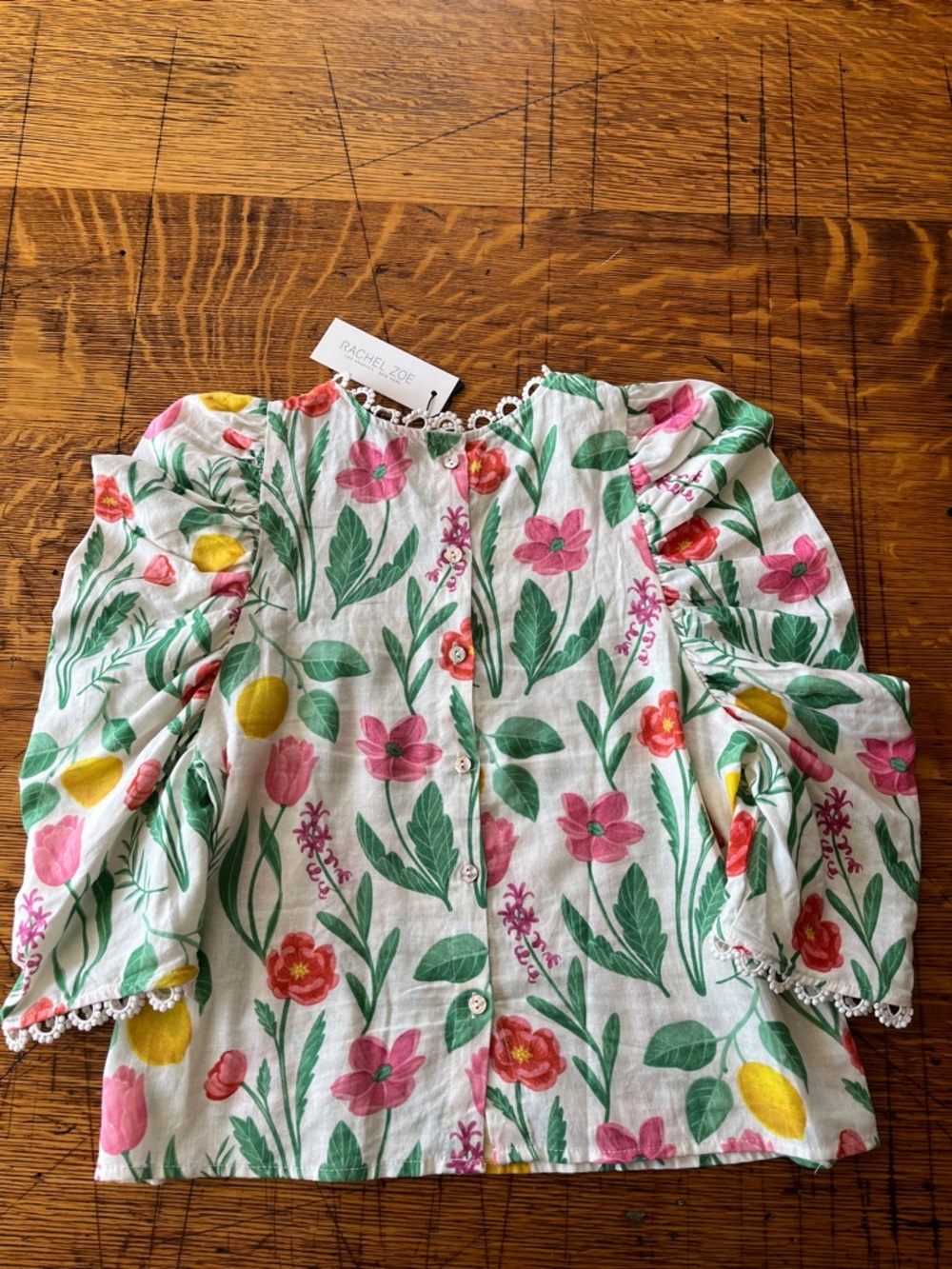 Rachel Zoe White Floral Button-Back Top with Pink & Green Print